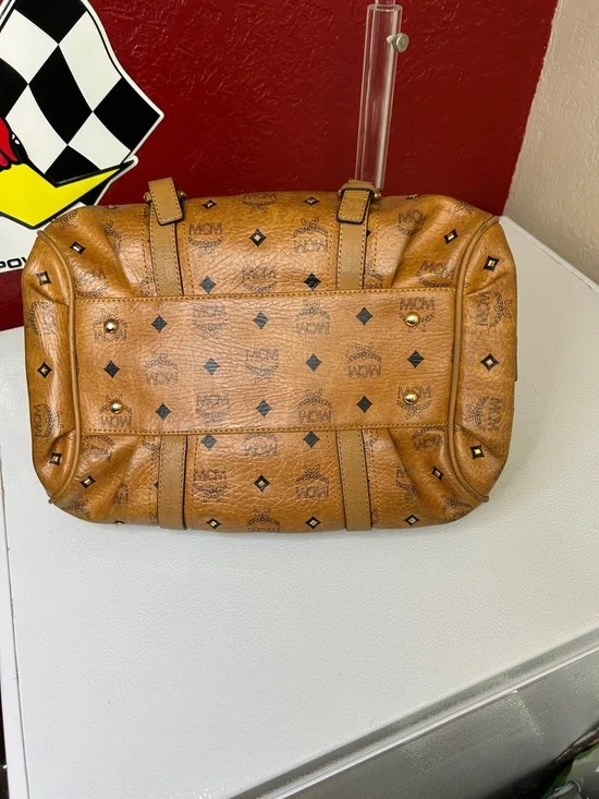 MCM Cognac Logo Visetos Barrel Satchel with Gold Plaque - Picture 8 of 14